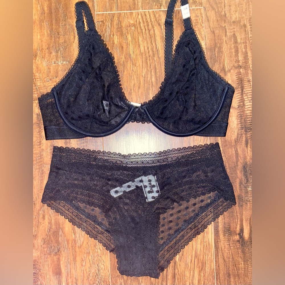 PINK Victoria's Secret Black Lace Bra and Panty Set, NWT